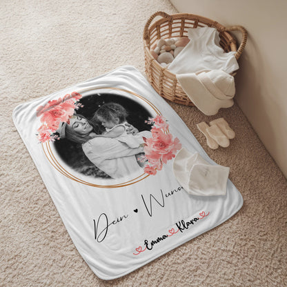 Kuscheldecke Mama mit Foto, Wunschtext & Namen personalisierte Black & White Decke