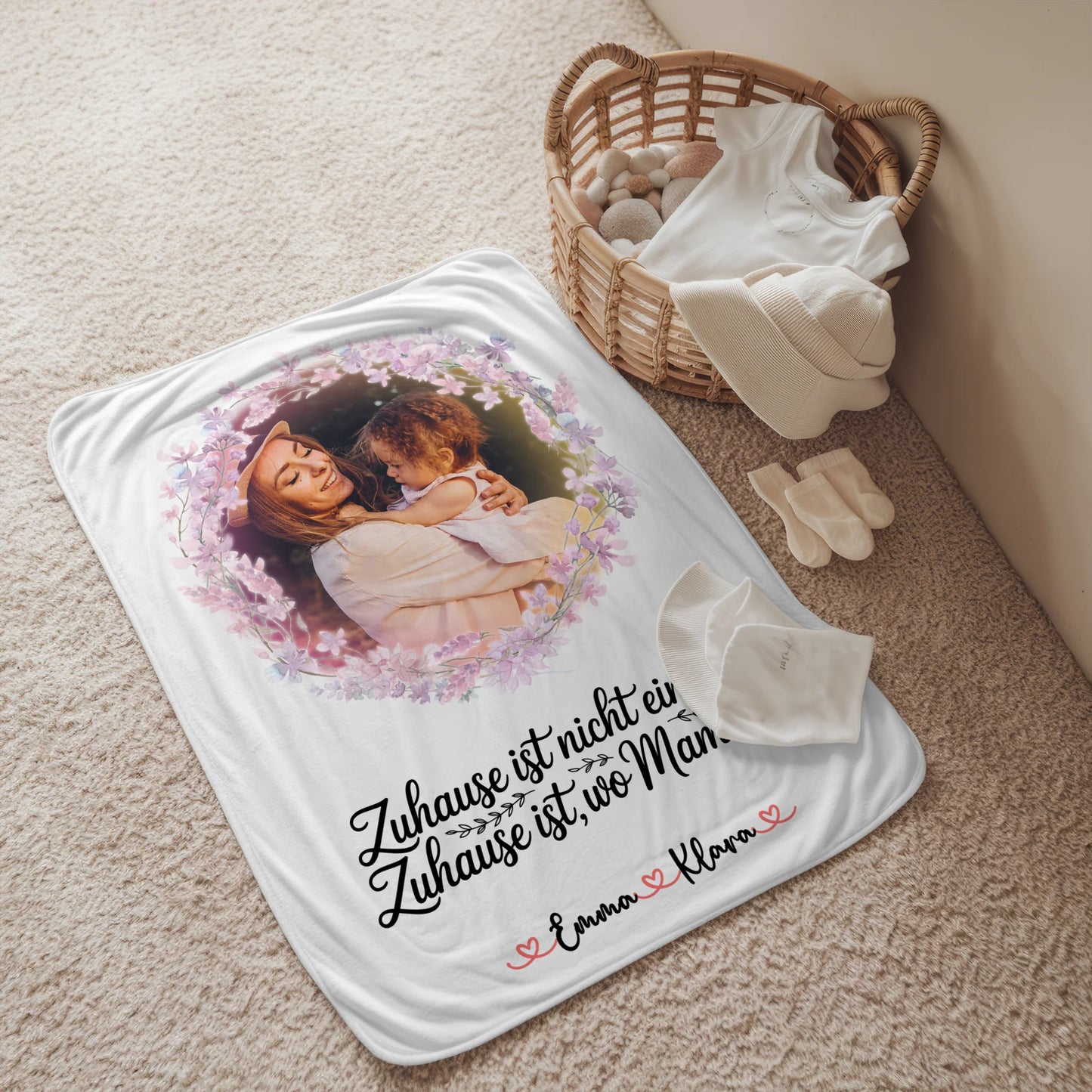 Personalisierbare Decke Mama mit Foto, Namen und Wunschtext - Zuhause ist wo Mama ist