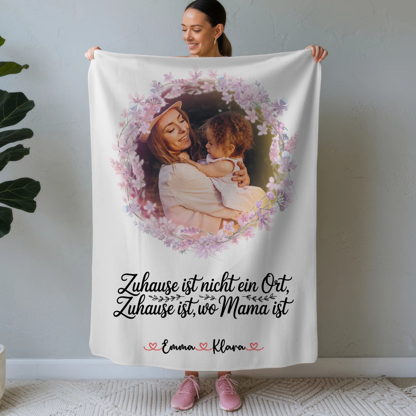Personalisierbare Decke Mama mit Foto, Namen und Wunschtext - Zuhause ist wo Mama ist