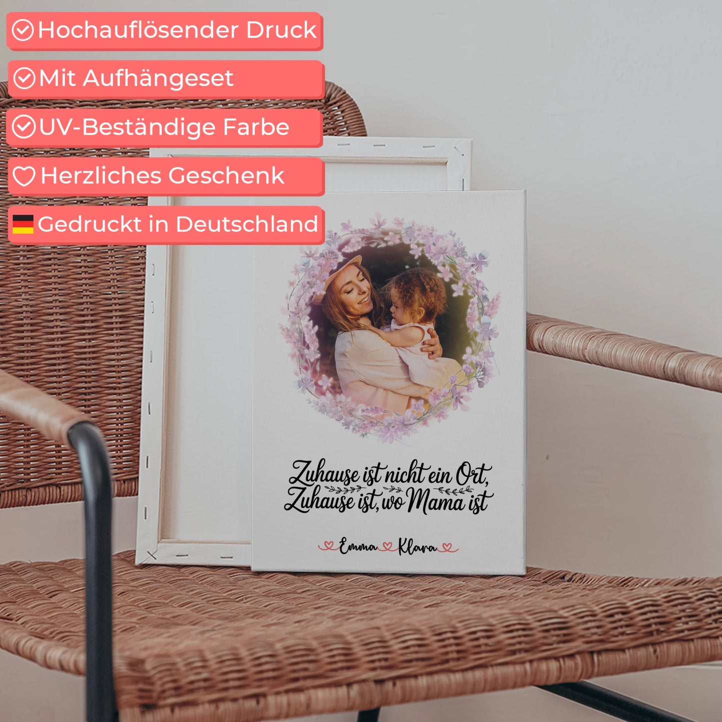 Mama Plakat Leinwand Personalisiert mit Foto, Namen und Spruch - Zuhause ist wo Mama ist