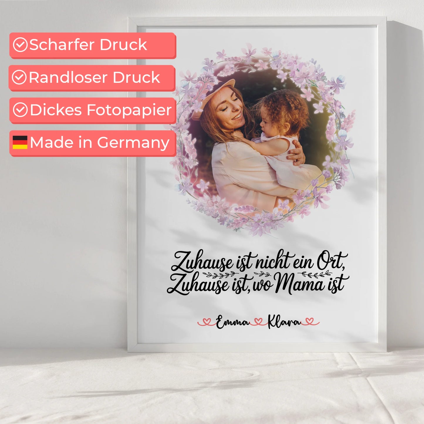 Mama Plakat Poster mit Foto, Namen, Hintergrundbild & Wunschtext - Zuhause ist wo Mama ist