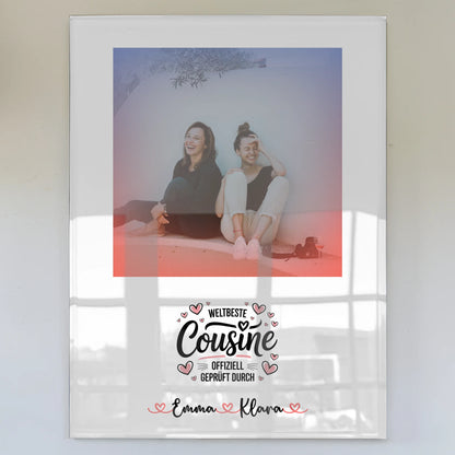 Foto Acrylglas Weltbeste Cousine mit Foto, Namen & Wunschtext