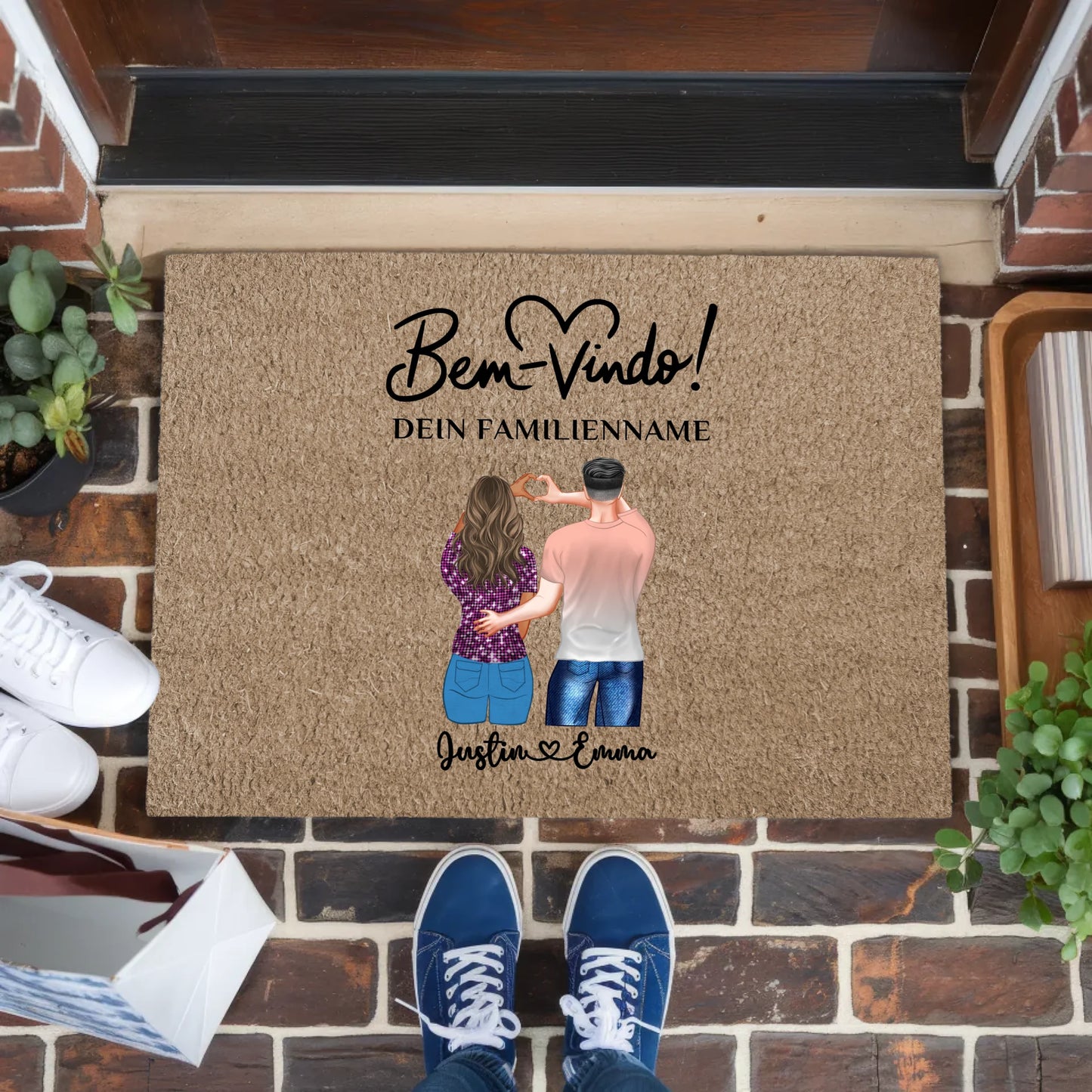 Personalisierte Fußmatte für Paare Braun Hell Willkommen Bem Vindo