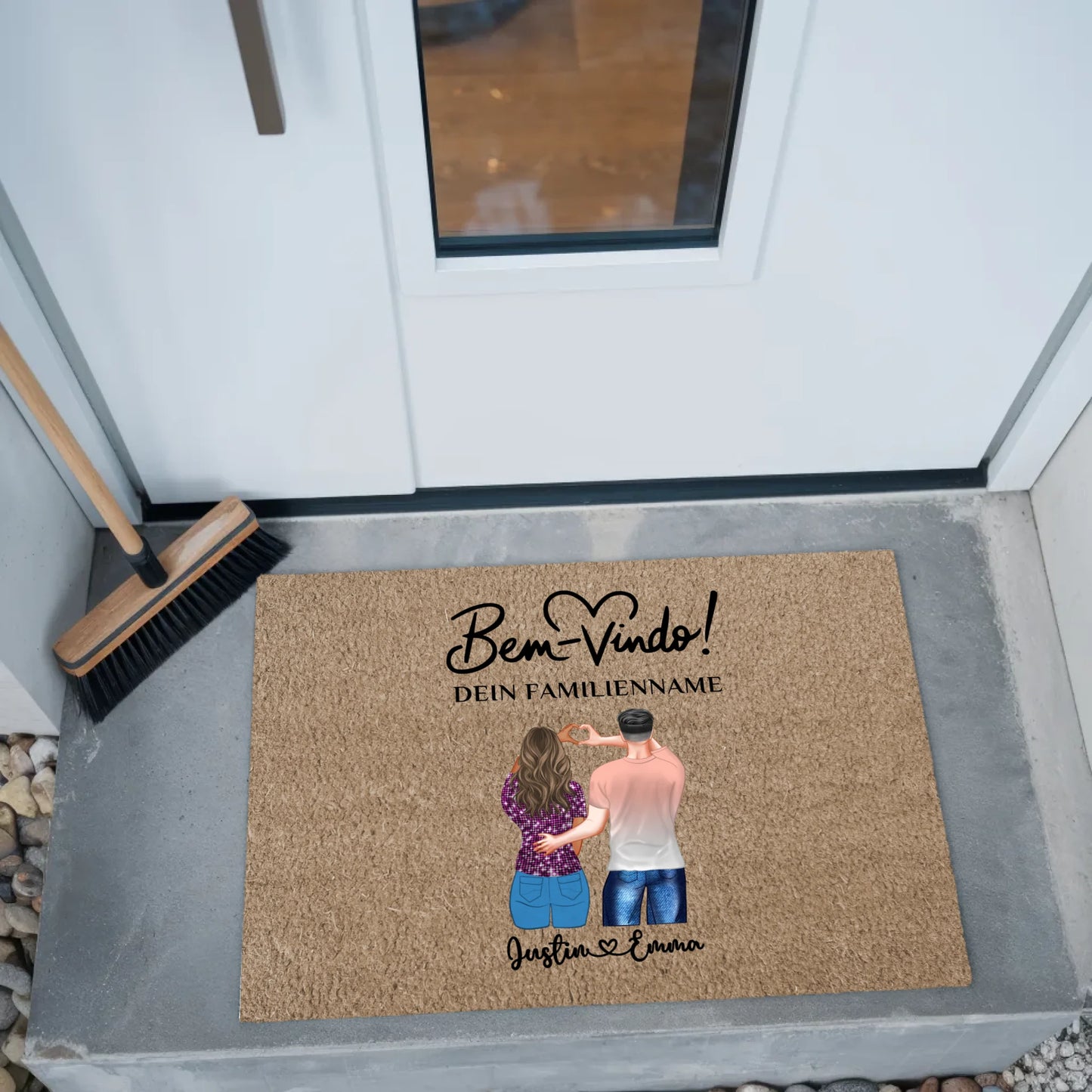 Personalisierte Fußmatte für Paare Braun Hell Willkommen Bem Vindo