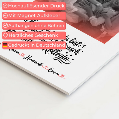 Magnetposter Fotoboard Kollegin mit Namen, Foto Black & White & Wunschtext.