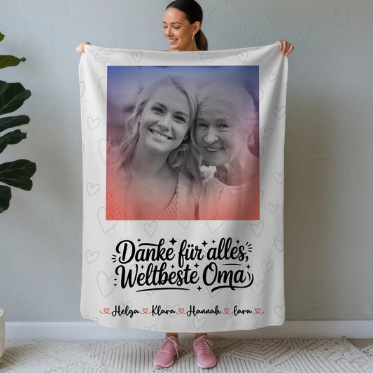 Kuscheldecke Mit Namen mit Foto, Hintergrund & eigenem Spruch Black & White für Oma