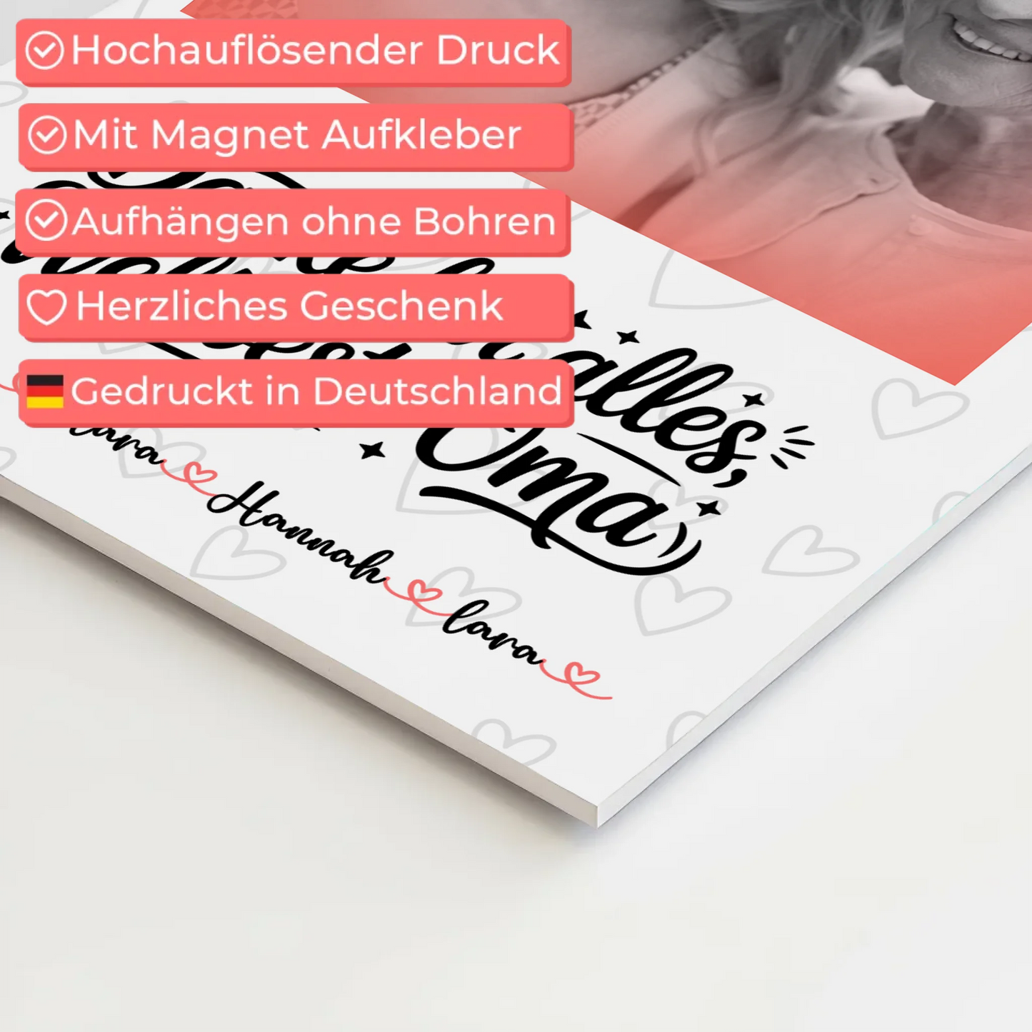 Personalisiertes Oma Plakat Fotoboard mit 1 Foto, Namen & Wunschtext Black & White