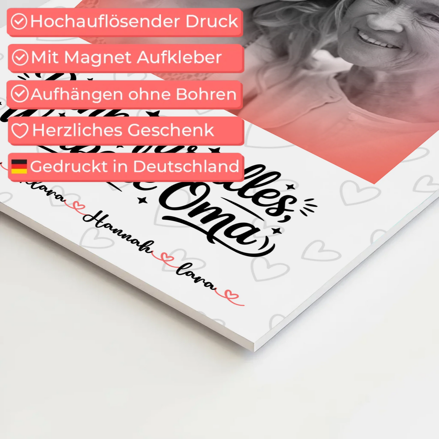 Personalisiertes Oma Plakat Fotoboard mit 1 Foto, Namen & Wunschtext Black & White