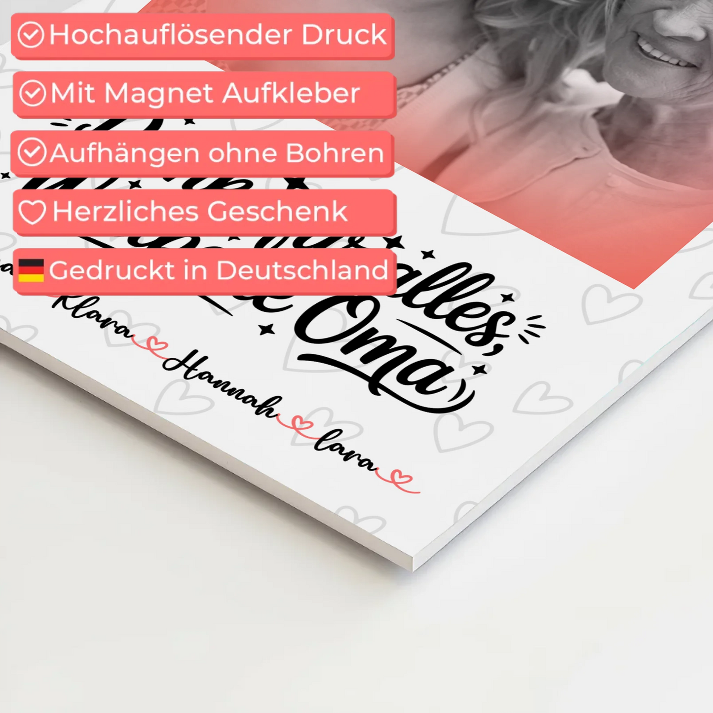 Personalisiertes Oma Plakat Fotoboard mit 1 Foto, Namen & Wunschtext Black & White