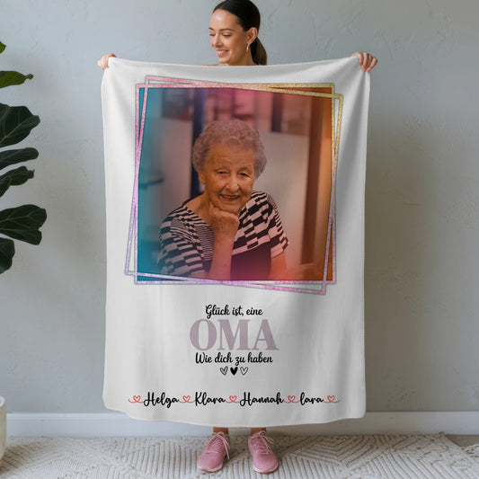 Personalisierte Decke Oma - Glück ist eine Oma wie dich zu haben, mit Namen & Foto