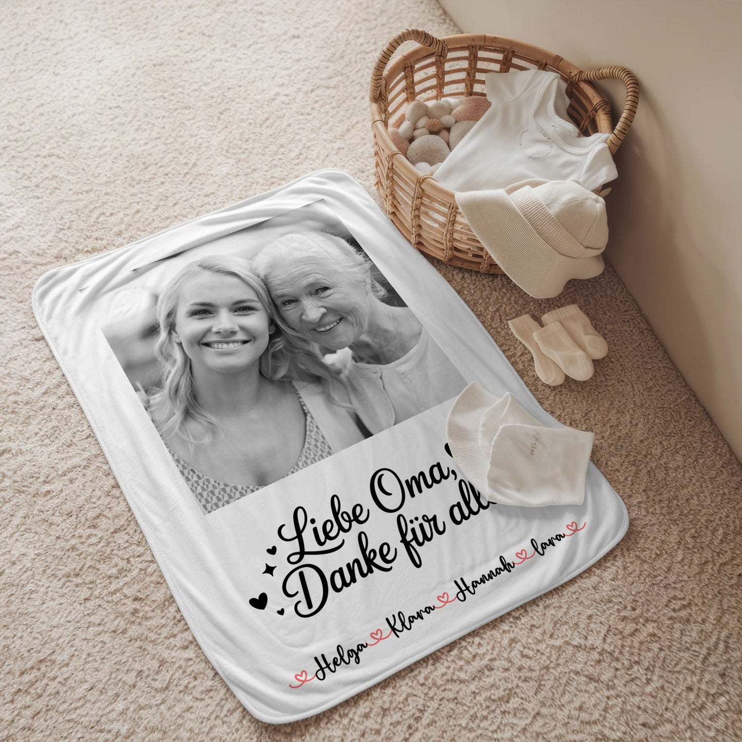 Personalisierte Decke Oma 8 Foto & Namen Black & White