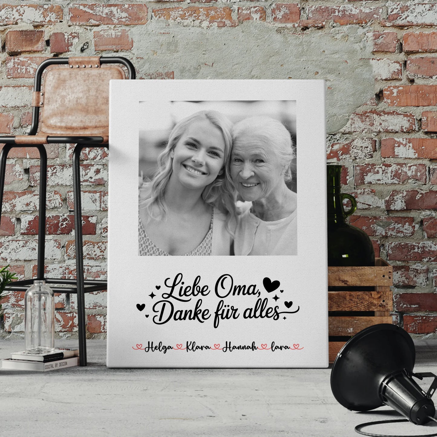 Leinwand Wandbild Oma mit 1 Foto, Namen & eigenem Spruch Black & White
