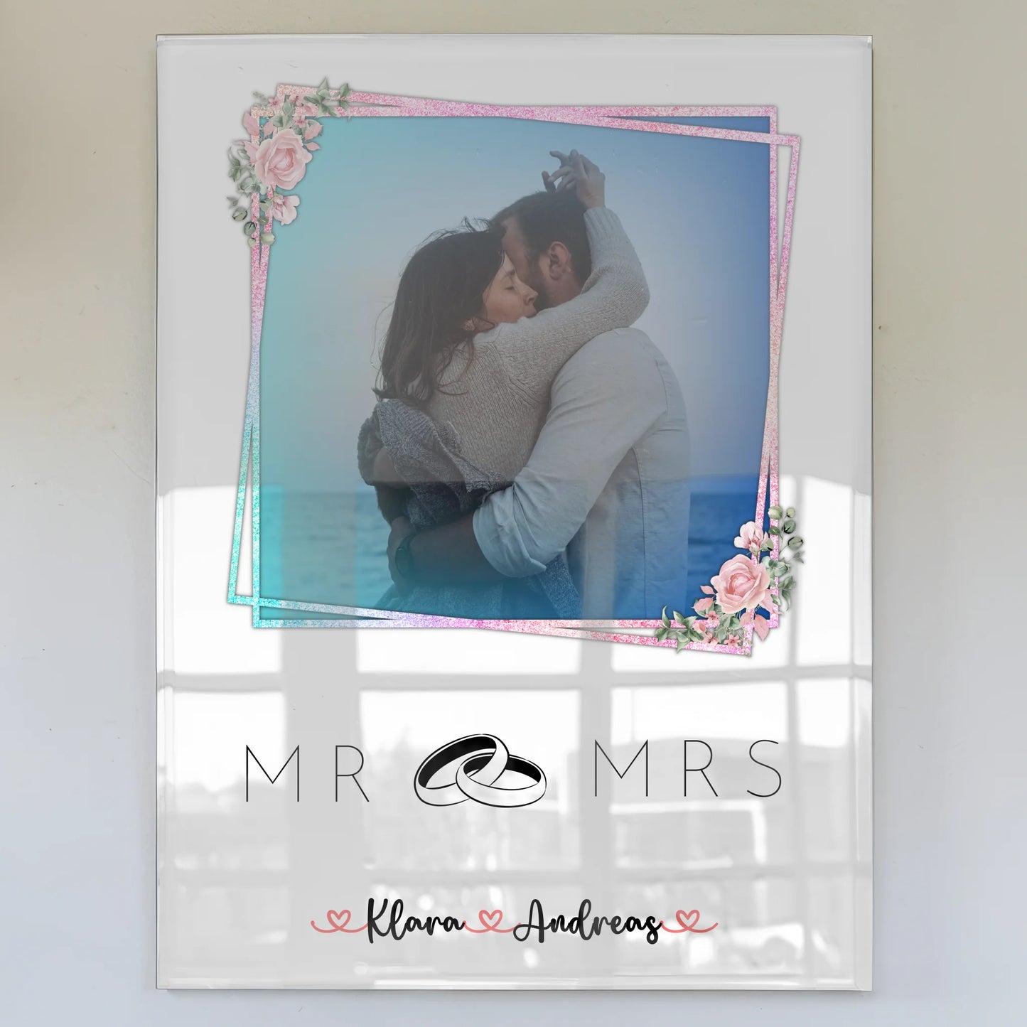 Personalisiertes Acryl Glas Bild für Paare Mr & Mrs mit 9 Fotos Namen und Wunschtext