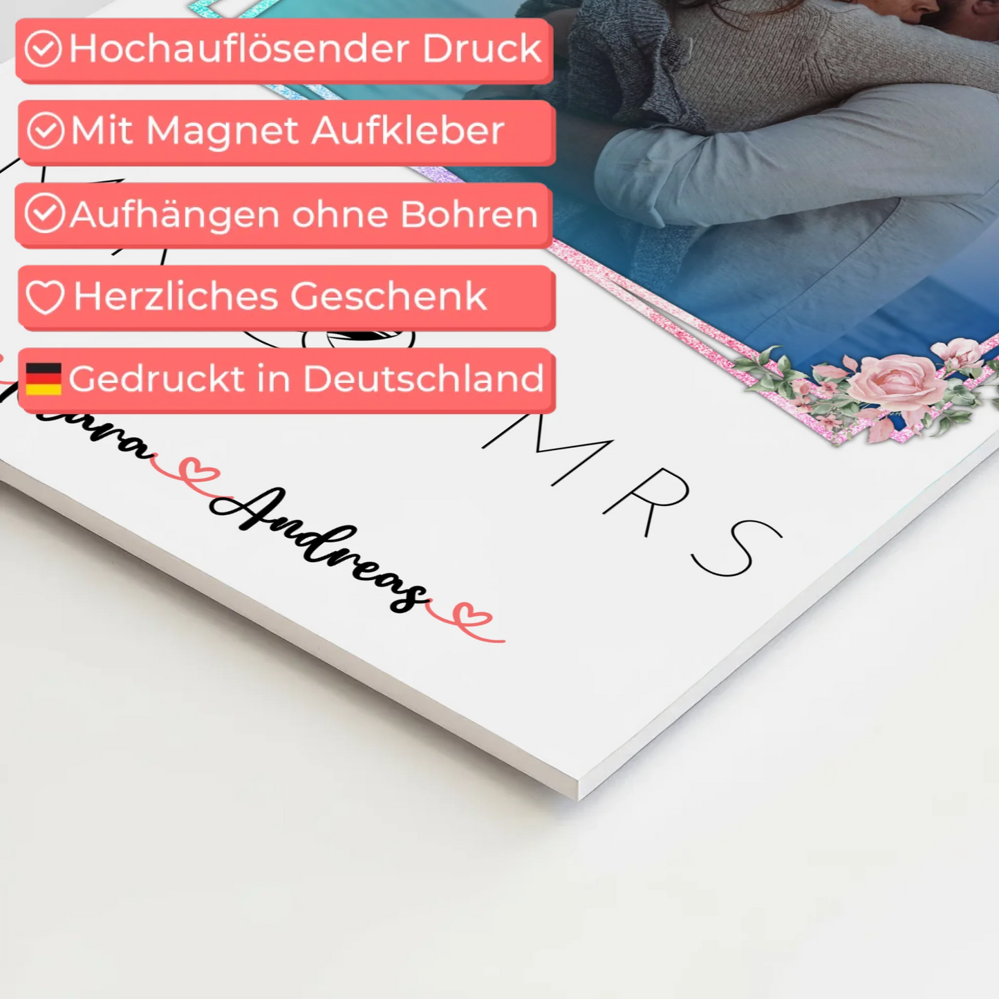 Fotoboard Mr & Mrs Paare 9 Foto & Namen personalisiert mit 1 Foto & Wunschtext