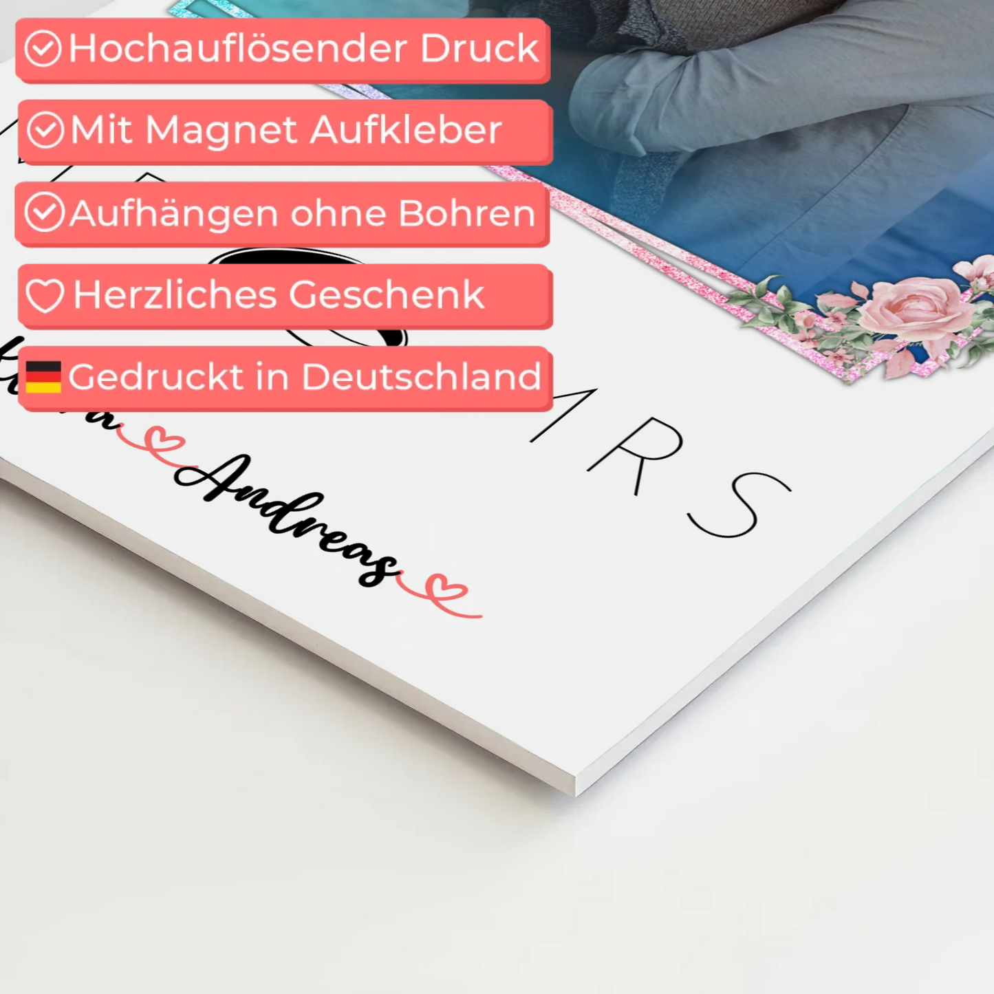 Fotoboard Mr & Mrs Paare 9 Foto & Namen personalisiert mit 1 Foto & Wunschtext