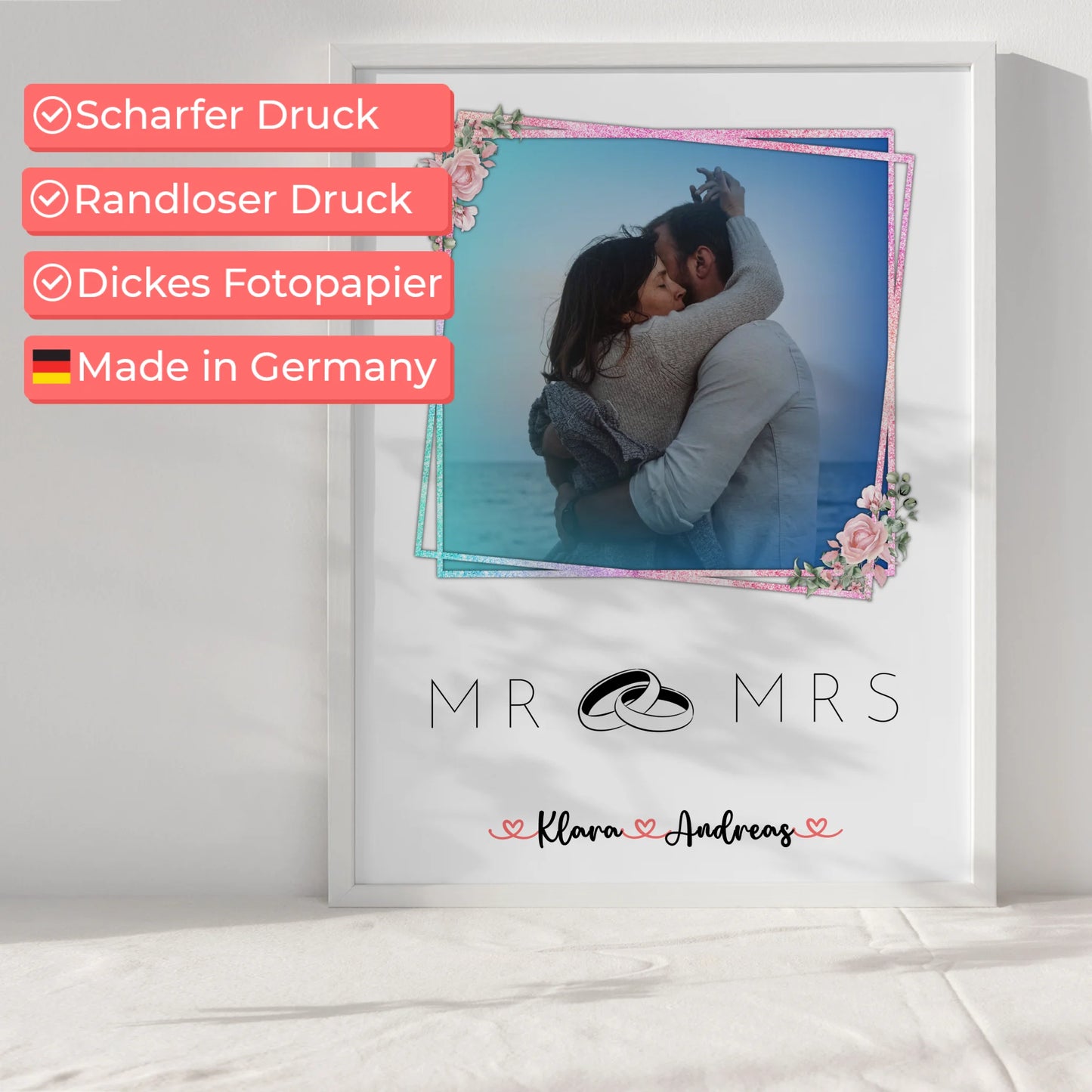 Liebesposter Mr & Mrs personalisiert für Paare mit 9 Fotos, Namen und Wunschtext