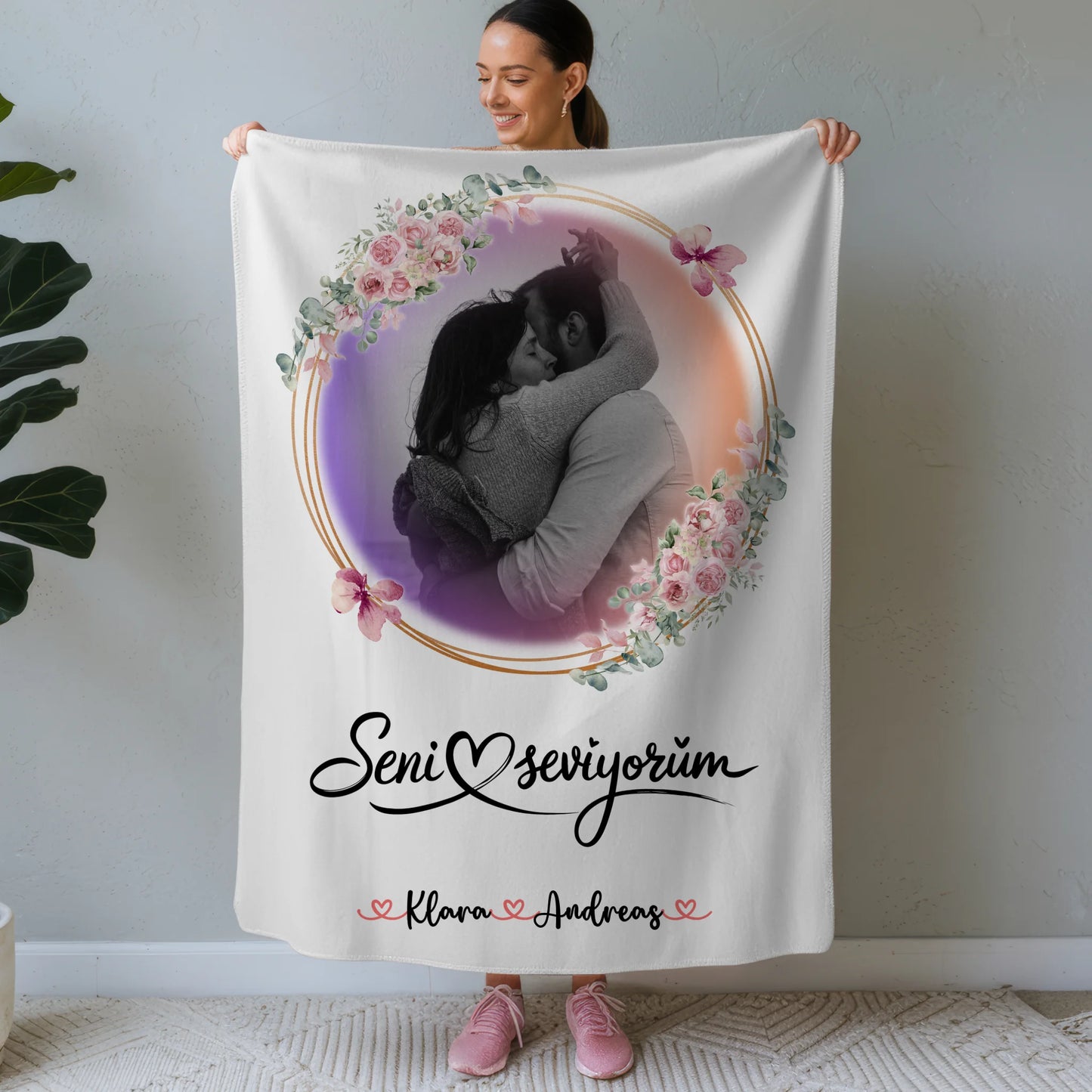 Personalisierte Kuscheldecke Mit Namen - Seni Seviyorum, Paare, Namen & Foto