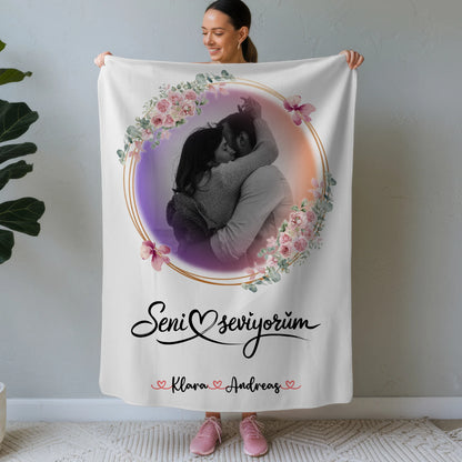 Personalisierte Kuscheldecke Mit Namen - Seni Seviyorum, Paare, Namen & Foto