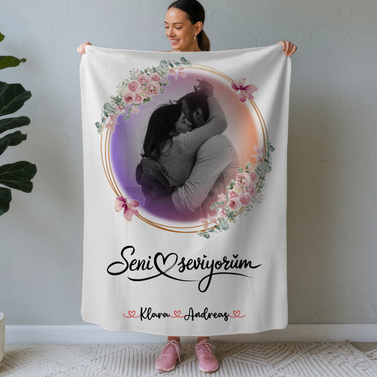 Personalisierte Kuscheldecke Mit Namen - Seni Seviyorum, Paare, Namen & Foto