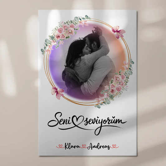 Fotoboard Magnetisch personalisiert Seni Seviyorum Paare 1 Foto Namen & Spruch