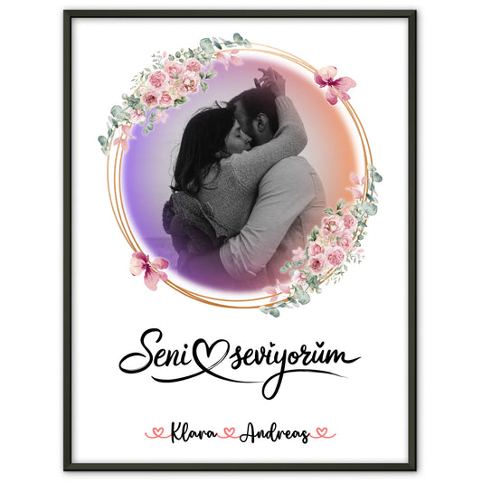 Liebes Poster Seni Seviyorum für Paare mit Namen & Foto Black & White