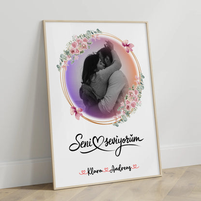 Liebes Poster Seni Seviyorum für Paare mit Namen & Foto Black & White
