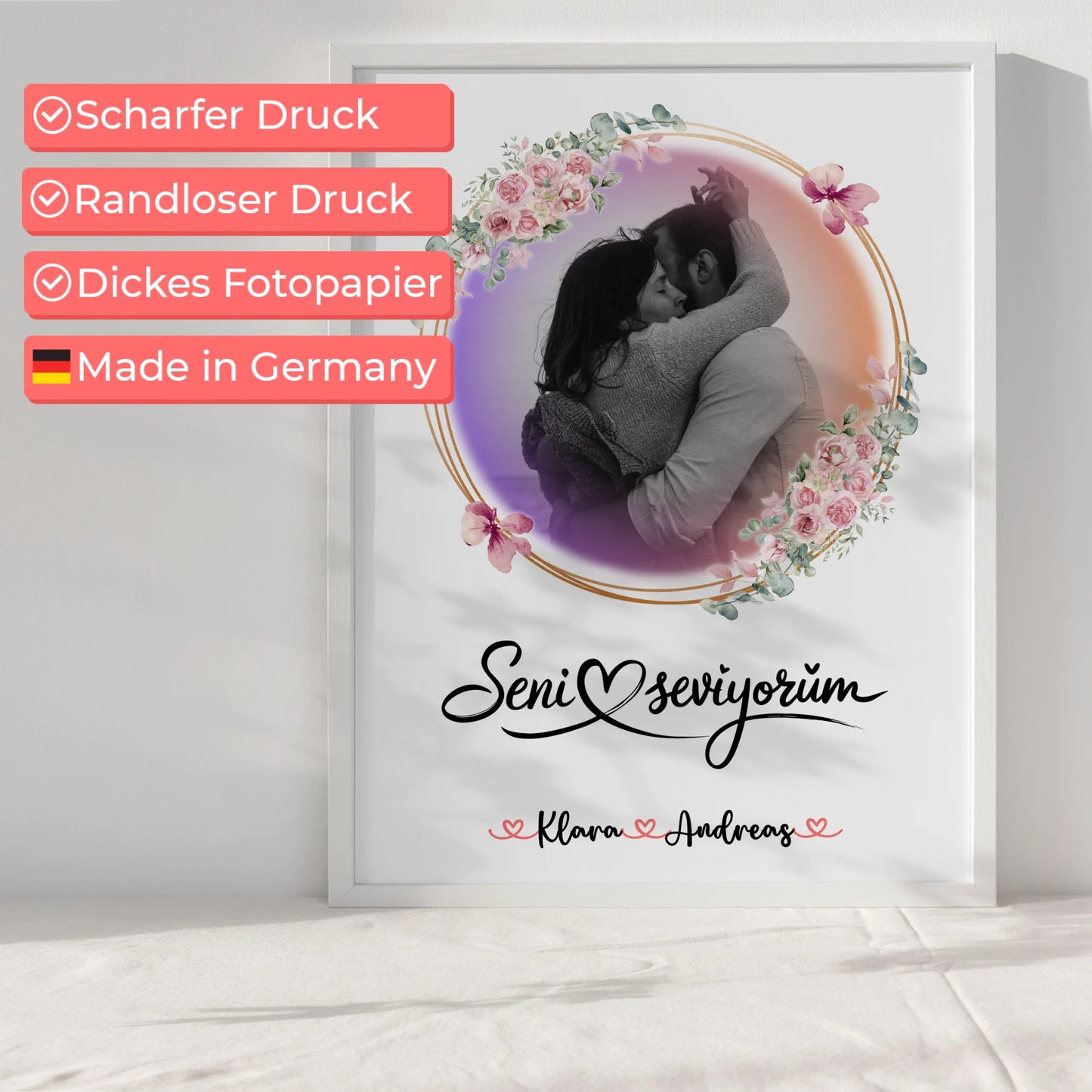 Liebes Poster Seni Seviyorum für Paare mit Namen & Foto Black & White