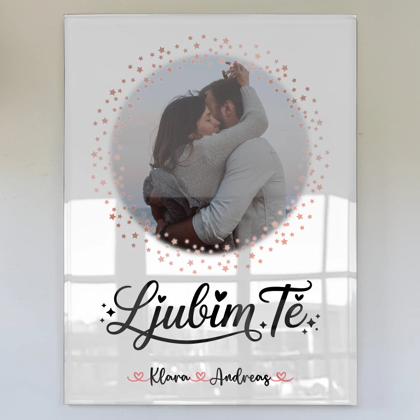 Acryl Glas Poster Ljubim te für Paare Mit Foto Namen und Wunschtext personalisierbar