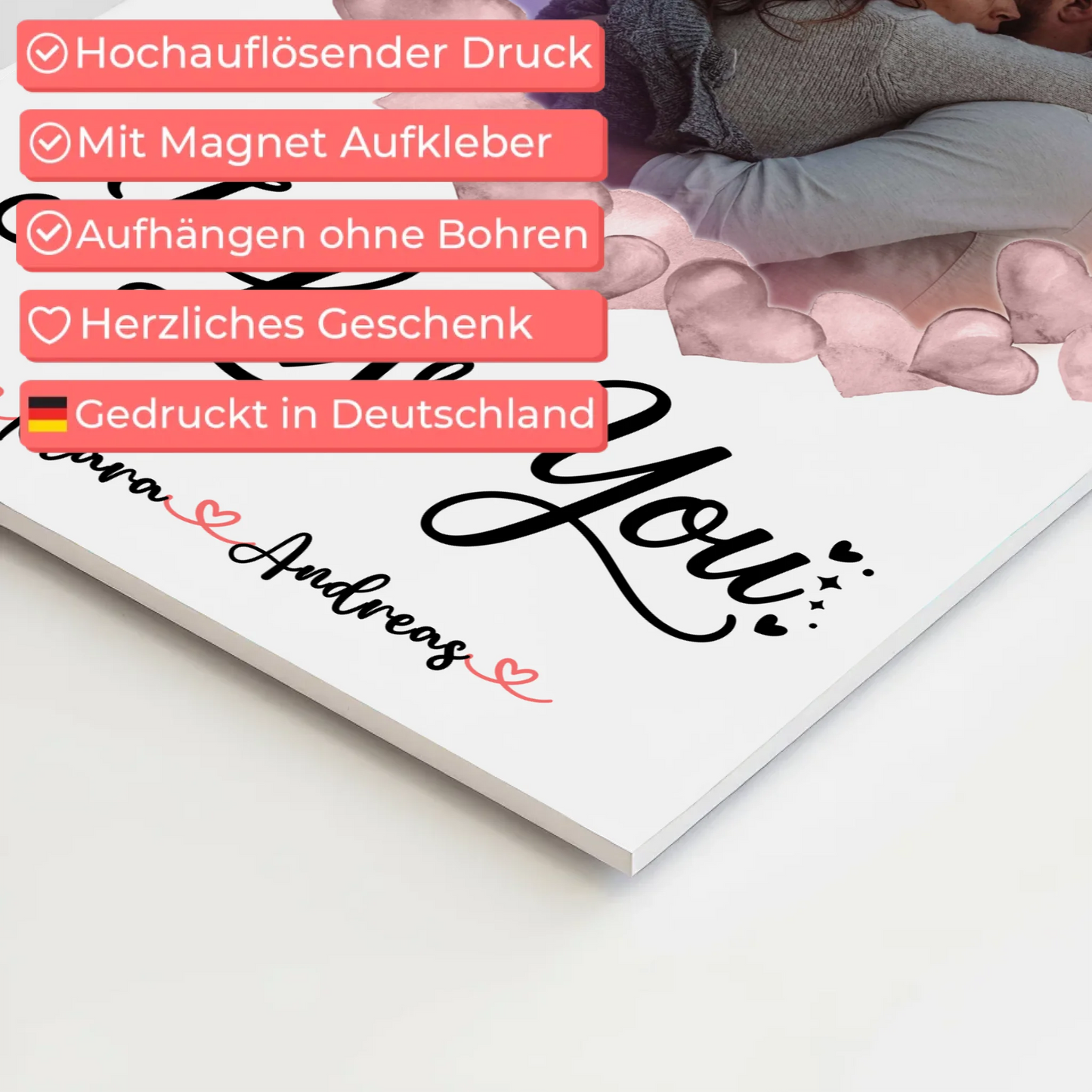 Fotoboard Poster Magnetisch personalisiert mit Foto, Namen & Wunschtext I Love You Paare