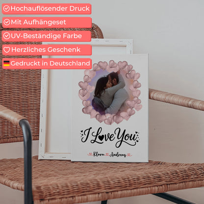 Leinwandbild Paar personalisiert mit Foto, Hintergrundbild, Namen & Wunschtext I Love You