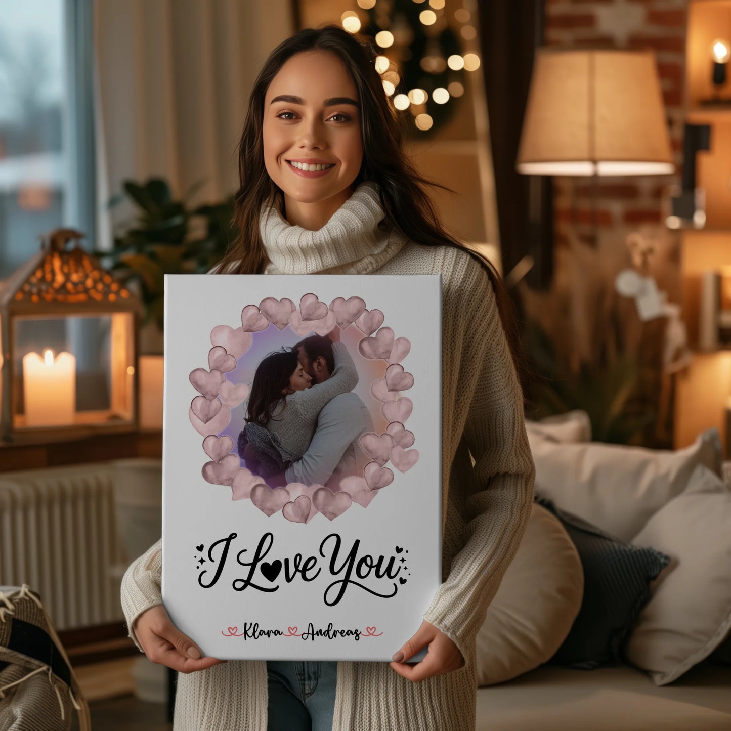 Leinwandbild Paar personalisiert mit Foto, Hintergrundbild, Namen & Wunschtext I Love You