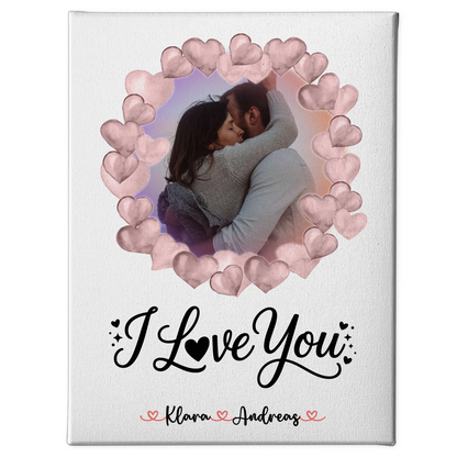 Leinwandbild Paar personalisiert mit Foto, Hintergrundbild, Namen & Wunschtext I Love You
