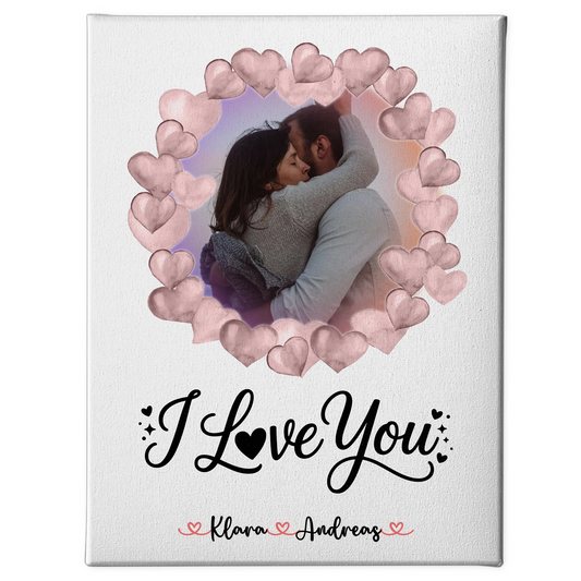 Leinwandbild Paar personalisiert mit Foto, Hintergrundbild, Namen & Wunschtext I Love You