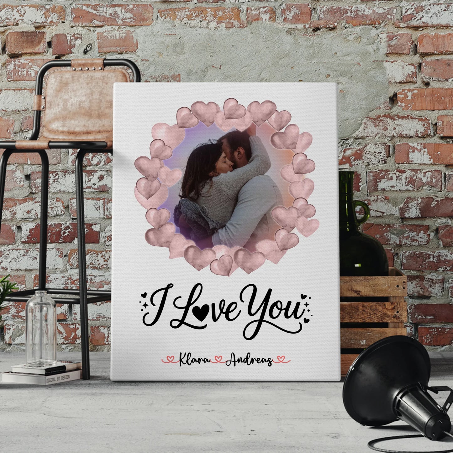 Leinwandbild Paar personalisiert mit Foto, Hintergrundbild, Namen & Wunschtext I Love You