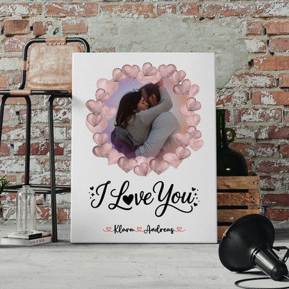 Leinwandbild Paar personalisiert mit Foto, Hintergrundbild, Namen & Wunschtext I Love You