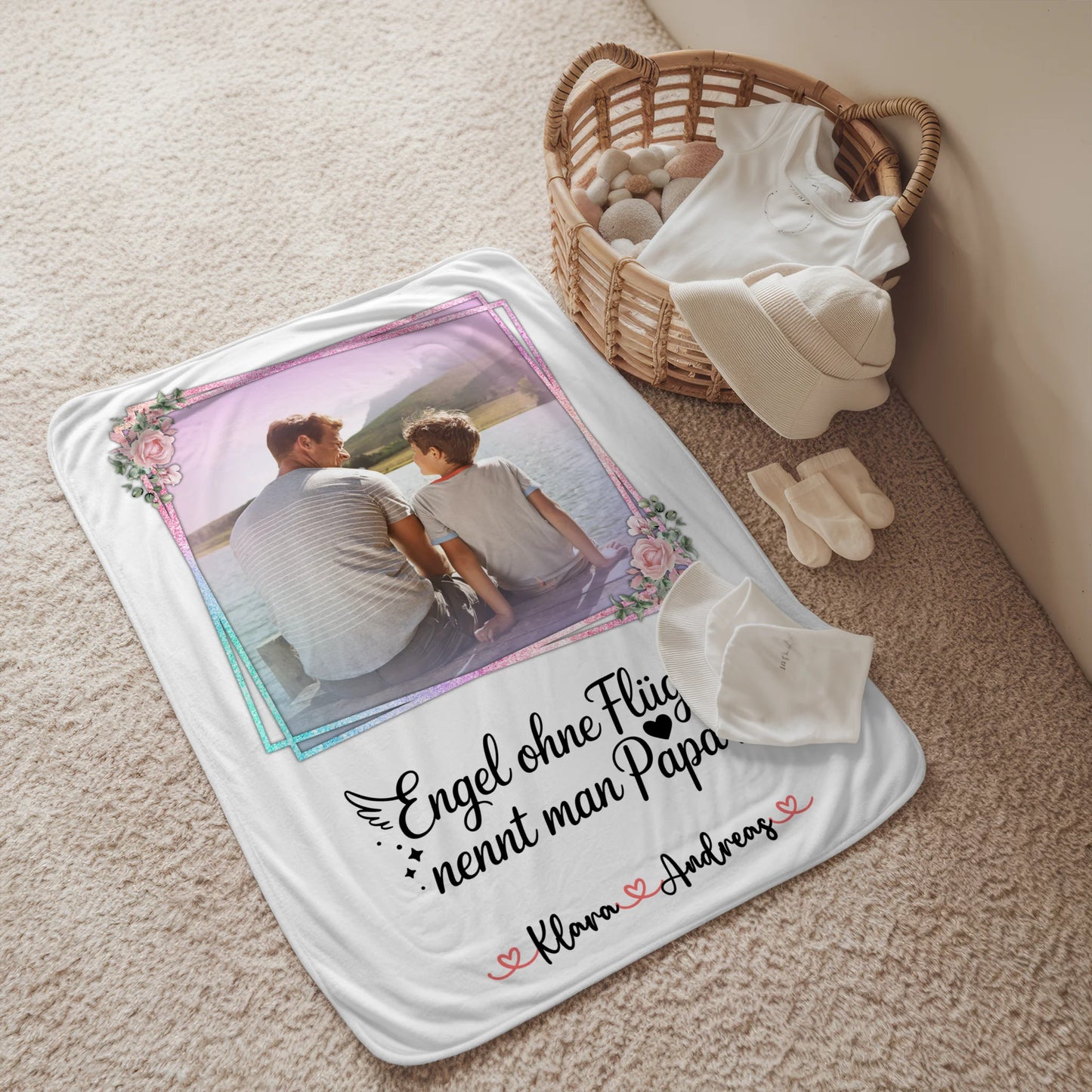 Personalisierte Decke Mann mit 1 Foto, Hintergrundbild, Namen & eigenem Spruch, Papa