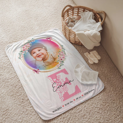 Babydecken Mit Namen mit Foto Geburtsdaten Gewicht Uhrzeit Datum Initiale & Name