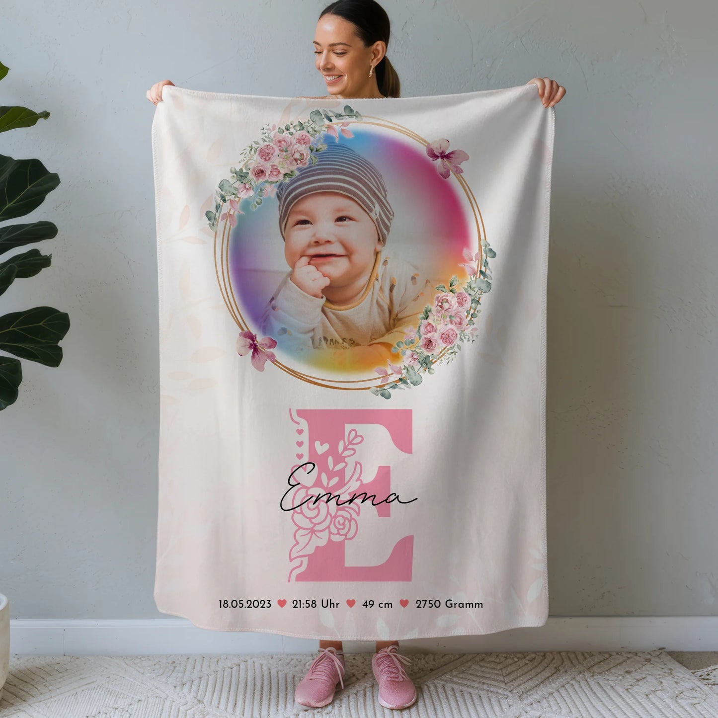 Babydecken Mit Namen mit Foto Geburtsdaten Gewicht Uhrzeit Datum Initiale & Name