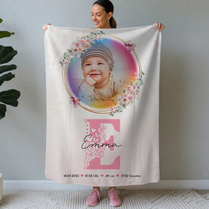 Babydecken Mit Namen mit Foto Geburtsdaten Gewicht Uhrzeit Datum Initiale & Name