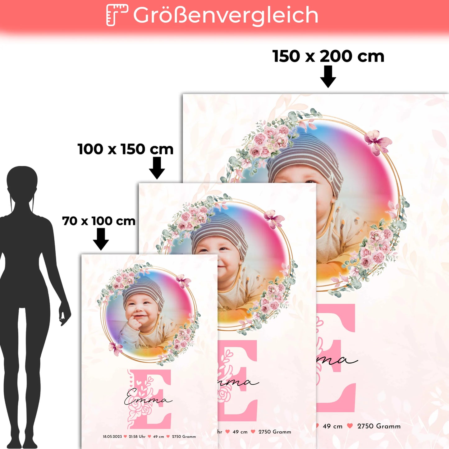 Babydecken Mit Namen mit Foto Geburtsdaten Gewicht Uhrzeit Datum Initiale & Name