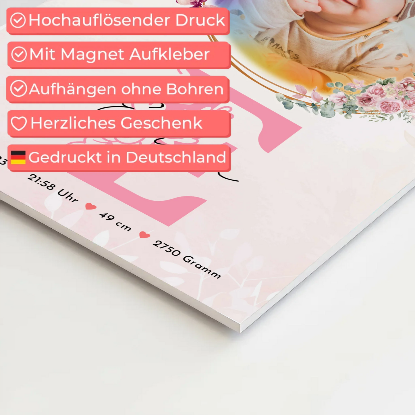 Fotoboard Magnet Poster Geburt Baby Foto & Namen mit Datum Uhrzeit Gewicht Größe
