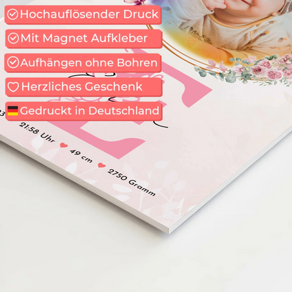 Fotoboard Magnet Poster Geburt Baby Foto & Namen mit Datum Uhrzeit Gewicht Größe