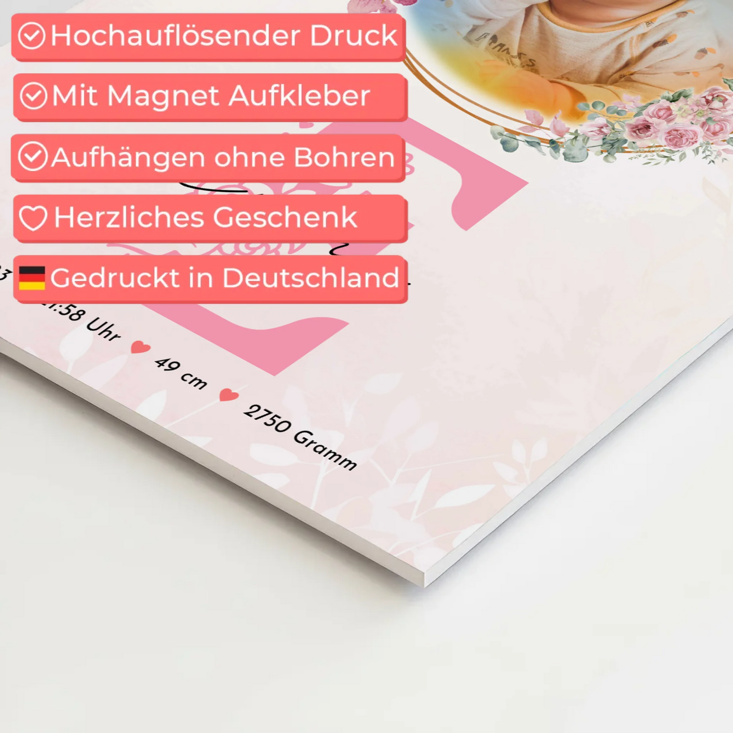 Fotoboard Magnet Poster Geburt Baby Foto & Namen mit Datum Uhrzeit Gewicht Größe