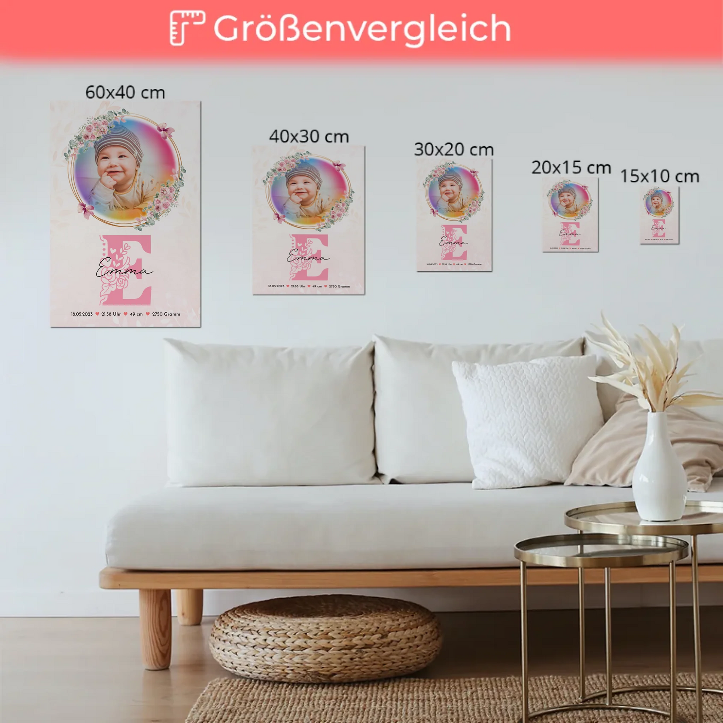 Fotoboard Magnet Poster Geburt Baby Foto & Namen mit Datum Uhrzeit Gewicht Größe