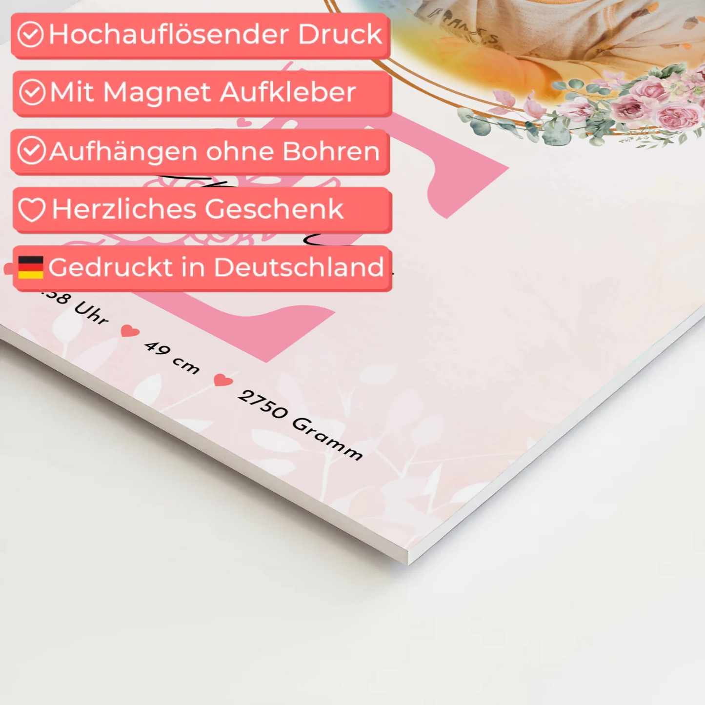Fotoboard Magnet Poster Geburt Baby Foto & Namen mit Datum Uhrzeit Gewicht Größe
