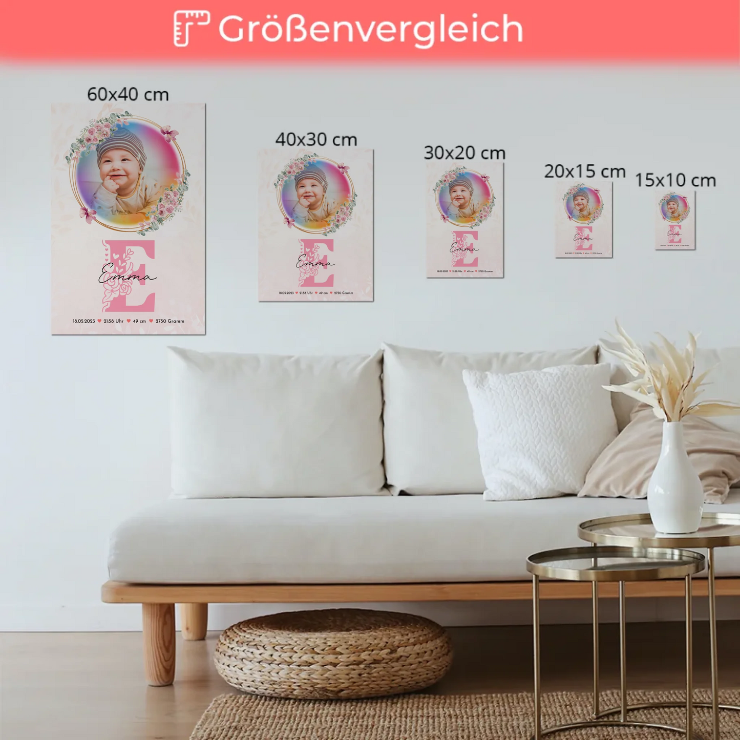 Fotoboard Magnet Poster Geburt Baby Foto & Namen mit Datum Uhrzeit Gewicht Größe