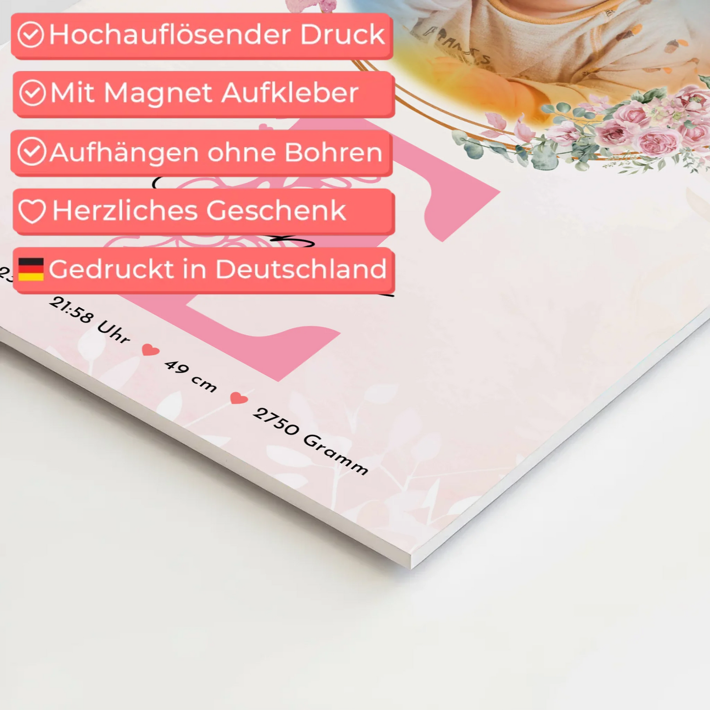 Fotoboard Magnet Poster Geburt Baby Foto & Namen mit Datum Uhrzeit Gewicht Größe