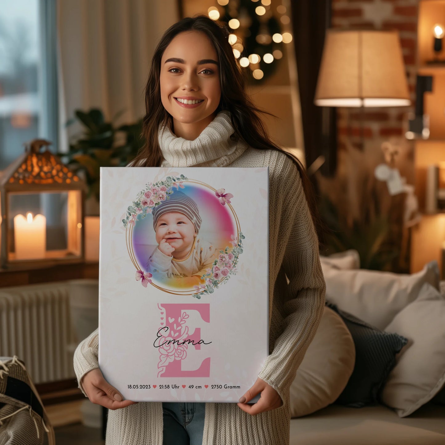 Leinwand Wandbild zur Geburt Baby mit Foto, Name, Initial, Gewicht, Größe und Datum