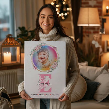 Leinwand Wandbild zur Geburt Baby mit Foto, Name, Initial, Gewicht, Größe und Datum