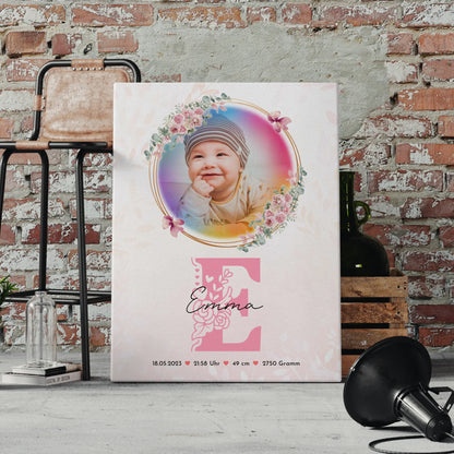 Leinwand Wandbild zur Geburt Baby mit Foto, Name, Initial, Gewicht, Größe und Datum